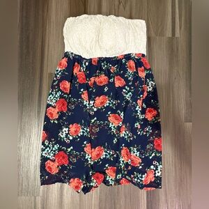 New Look Strapless Navy and Red Floral Dress